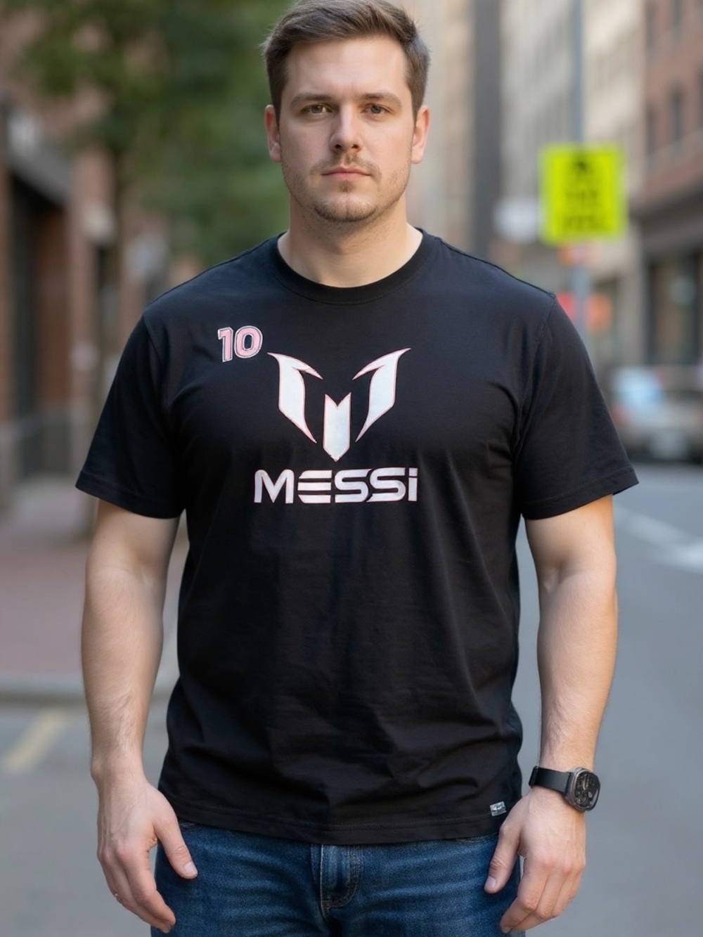Soccer Messi Black Short-Sleeve Logo Tee with Pink Accents